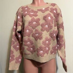 Threaded Leaf Women’s Medium sweater tan w/ pink flowers warm cozy pullover NWT